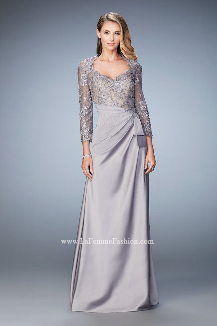 Picture of: Embroidered Lace and Jeweled Top Two Piece Prom Dress in Silver, Style: 21944, Detail Picture 1
