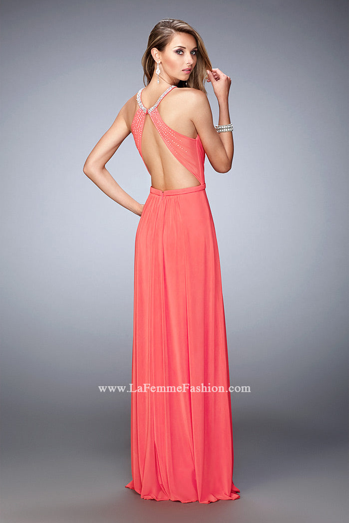 Picture of: Long Prom Dress with High Neck and Rhinestones in Orange, Style: 21974, Back Picture