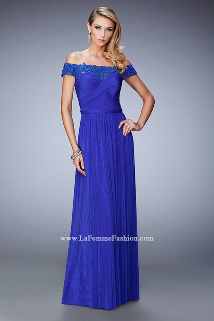 Picture of: Off the Shoulder Net Gown with Gathered Skirt and Bodice in Blue, Style: 21979, Main Picture
