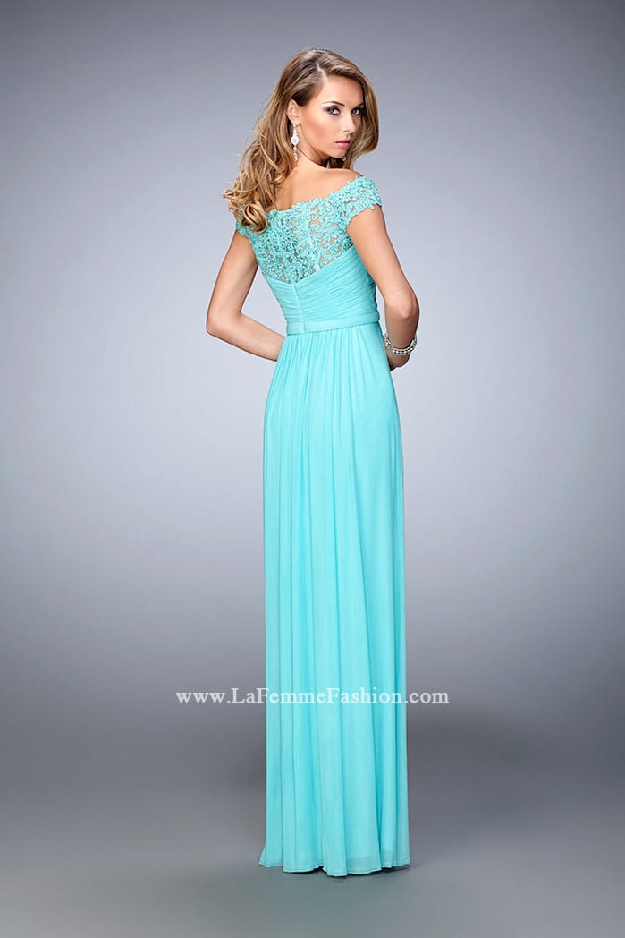 Picture of: Off the Shoulder Net Gown with Gathered Skirt and Bodice in Blue, Style: 21979, Back Picture