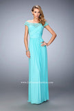 Picture of: Off the Shoulder Net Gown with Gathered Skirt and Bodice in Blue, Style: 21979, Detail Picture 1