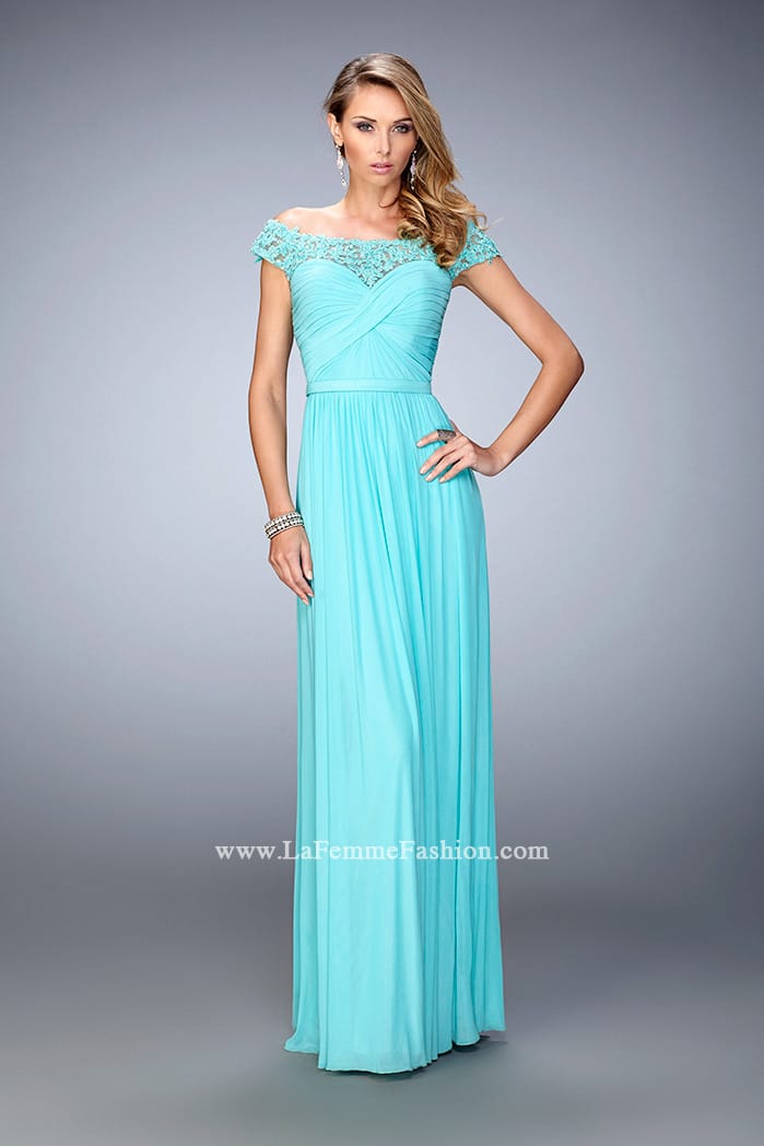 Picture of: Off the Shoulder Net Gown with Gathered Skirt and Bodice in Blue, Style: 21979, Detail Picture 1