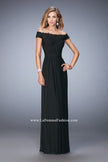 Picture of: Off the Shoulder Net Gown with Gathered Skirt and Bodice in Black, Style: 21979, Detail Picture 2