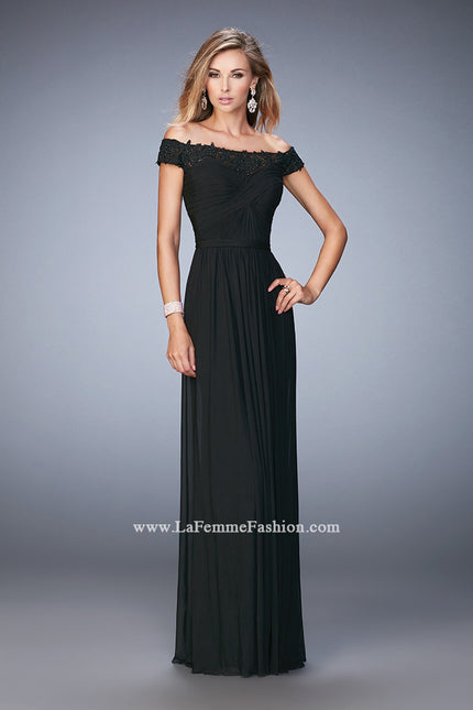 Picture of: Off the Shoulder Net Gown with Gathered Skirt and Bodice in Black, Style: 21979, Detail Picture 2