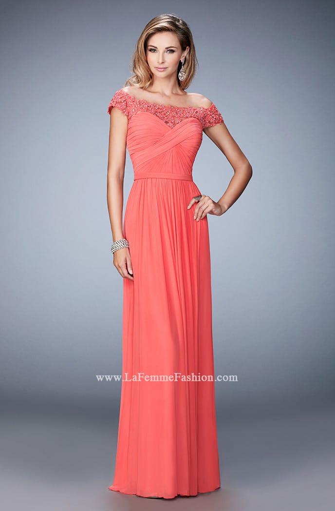 Picture of: Off the Shoulder Net Gown with Gathered Skirt and Bodice in Orange, Style: 21979, Detail Picture 3