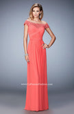 Picture of: Off the Shoulder Net Gown with Gathered Skirt and Bodice in Orange, Style: 21979, Detail Picture 3