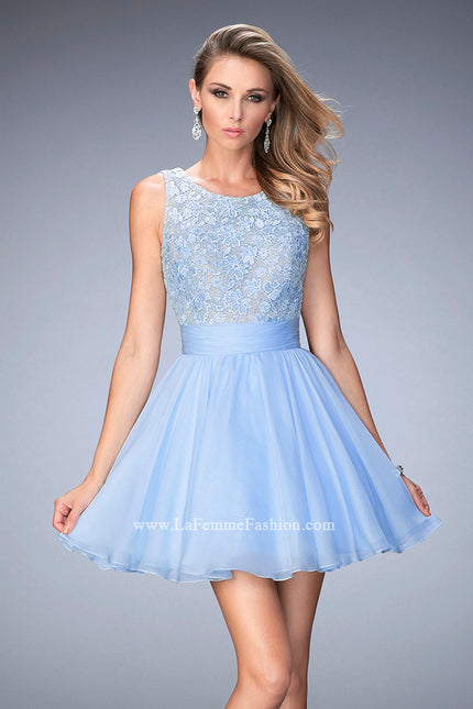 Picture of: Short Chiffon Gown with Lace Bodice and Sheer Back in Blue, Style: 21991, Main Picture