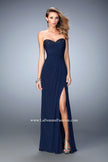 Picture of: Net Prom Gown with Gathered Bodice and Side Slit in Blue, Style: 22002, Main Picture