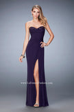 Picture of: Net Prom Gown with Gathered Bodice and Side Slit in Purple, Style: 22002, Detail Picture 1
