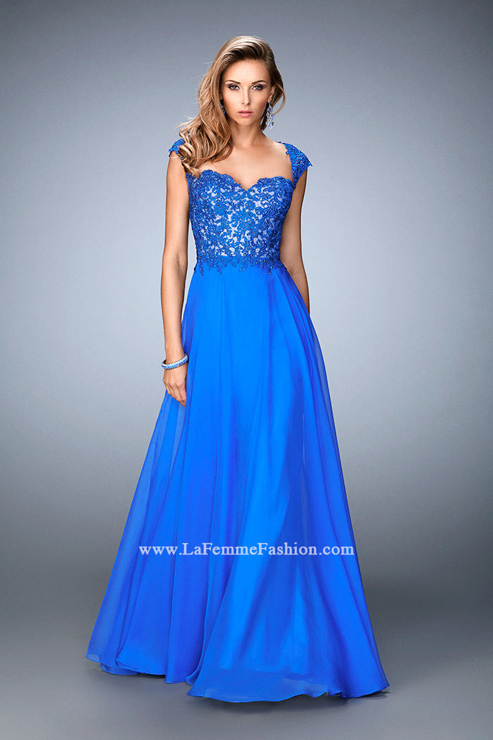 Picture of: Long Chiffon prom Gown with Sheer Back and Rhinestones in Blue, Style: 22053, Main Picture