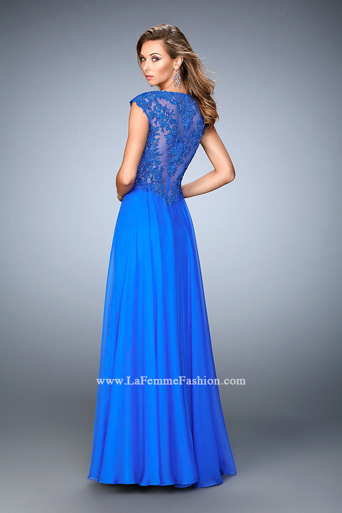 Picture of: Long Chiffon prom Gown with Sheer Back and Rhinestones in Blue, Style: 22053, Back Picture