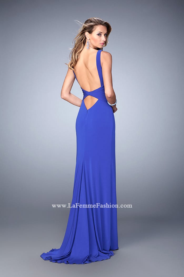 Picture of: V Neckline Jersey Gown with Open Deep V Back in Blue, Style: 22060, Back Picture