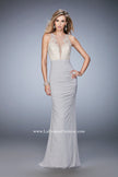 Picture of: Ruched Skirt and Sheer Neck Prom Gown with Rhinestones in Silver, Style: 22073, Detail Picture 1
