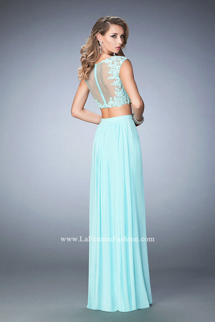Picture of: Two Piece Jersey Gown with Sheer Back and Appliques in Blue, Style: 22110, Back Picture