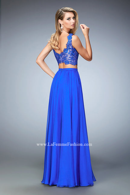 Picture of: Chiffon Two Piece Gown with Lace Top and Scallop Edges in Blue, Style: 22128, Back Picture