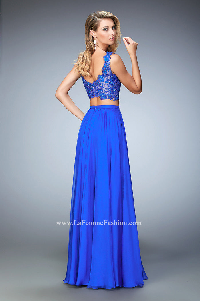 Picture of: Chiffon Two Piece Gown with Lace Top and Scallop Edges in Blue, Style: 22128, Back Picture