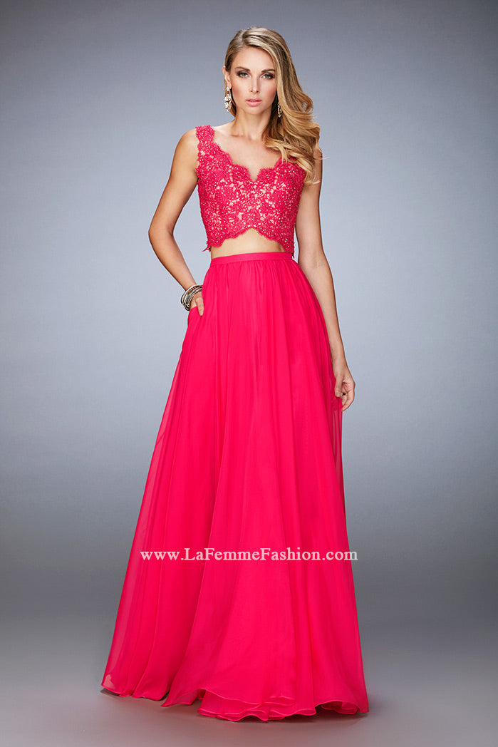 Picture of: Chiffon Two Piece Gown with Lace Top and Scallop Edges in Pink, Style: 22128, Detail Picture 2