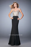 Picture of: Stretch Satin Gown with Train and Crystal Embellishments in Black, Style: 22131, Detail Picture 2
