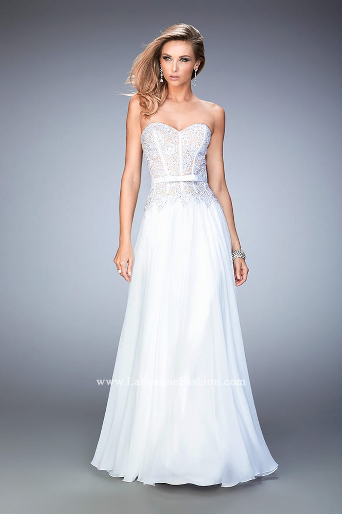 Picture of: Long Chiffon Gown with Rhinestone Lace and a Bow in White, Style: 22133, Main Picture