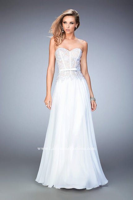 Picture of: Long Chiffon Gown with Rhinestone Lace and a Bow in White, Style: 22133, Main Picture