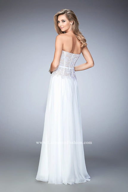 Picture of: Long Chiffon Gown with Rhinestone Lace and a Bow in White, Style: 22133, Back Picture