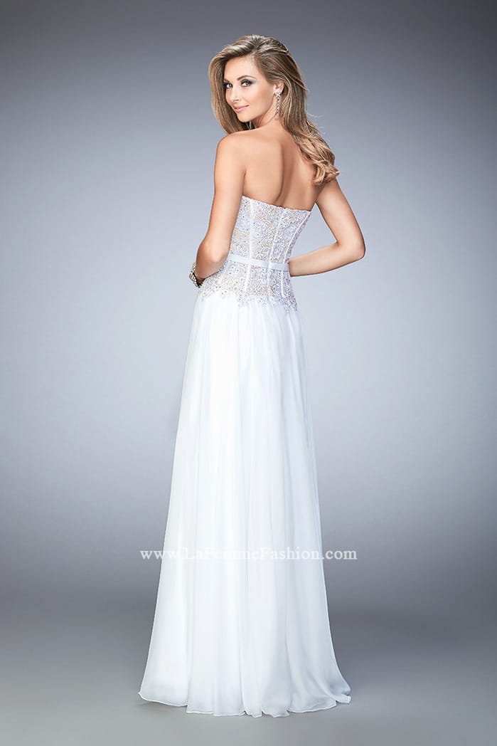 Picture of: Long Chiffon Gown with Rhinestone Lace and a Bow in White, Style: 22133, Back Picture