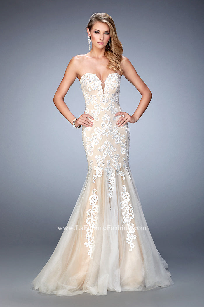 Picture of: Sweetheart Neckline Gown with Rhinestone Lace Detail in White, Style: 22167, Main Picture