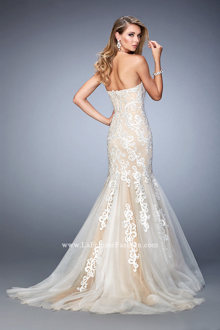 Picture of: Sweetheart Neckline Gown with Rhinestone Lace Detail in White, Style: 22167, Back Picture