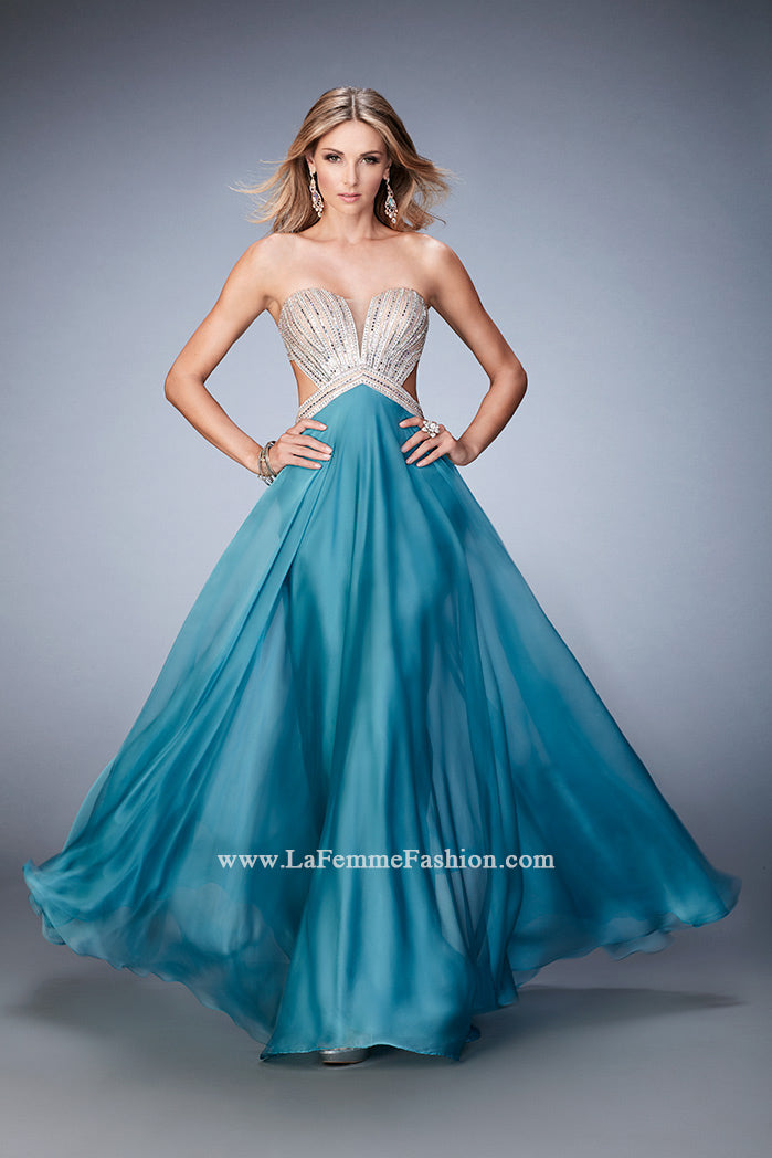 Picture of: Sweetheart Chiffon Gown with Cut Outs and Crystals in Blue, Style: 22179, Detail Picture 1