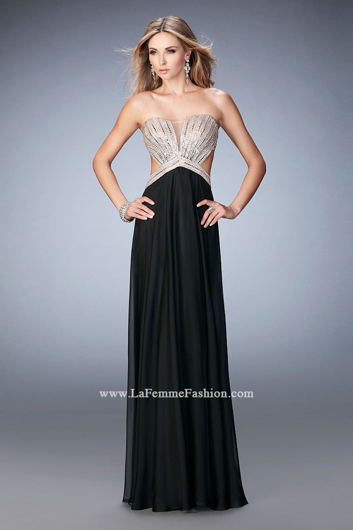 Picture of: Sweetheart Chiffon Gown with Cut Outs and Crystals in Black, Style: 22179, Detail Picture 4