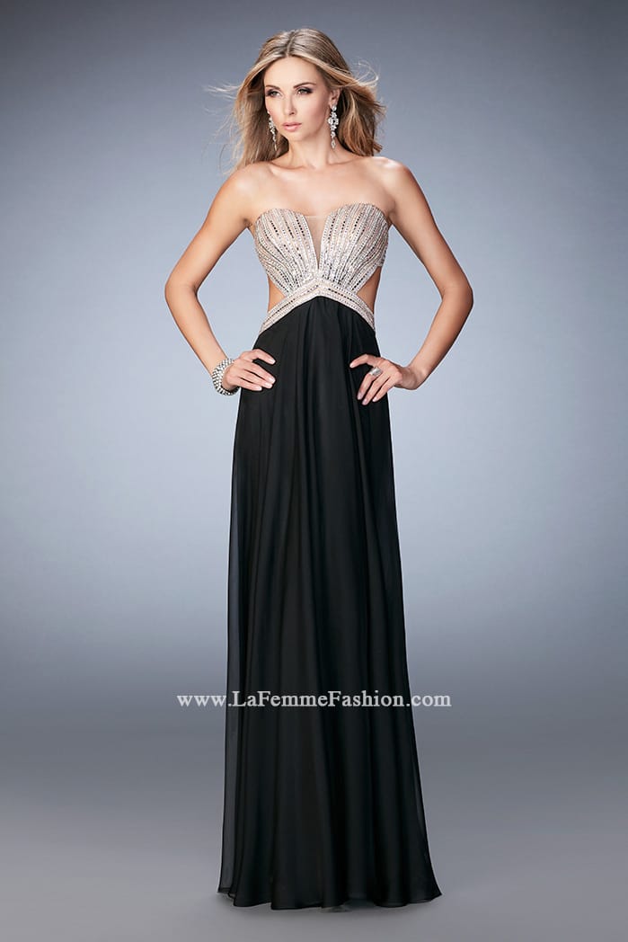 Picture of: Sweetheart Chiffon Gown with Cut Outs and Crystals in Black, Style: 22179, Detail Picture 4