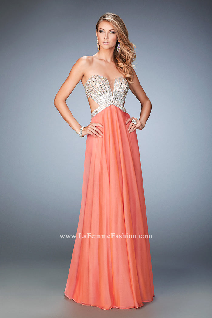 Picture of: Sweetheart Chiffon Gown with Cut Outs and Crystals in Orange, Style: 22179, Detail Picture 5