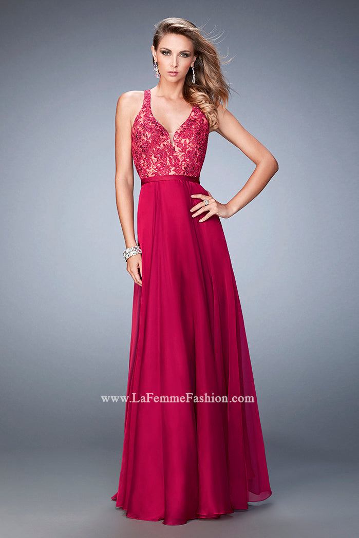 Picture of: Racer Back Chiffon Prom Dress with Rhinestone Lace Detail in Pink, Style: 22186, Main Picture