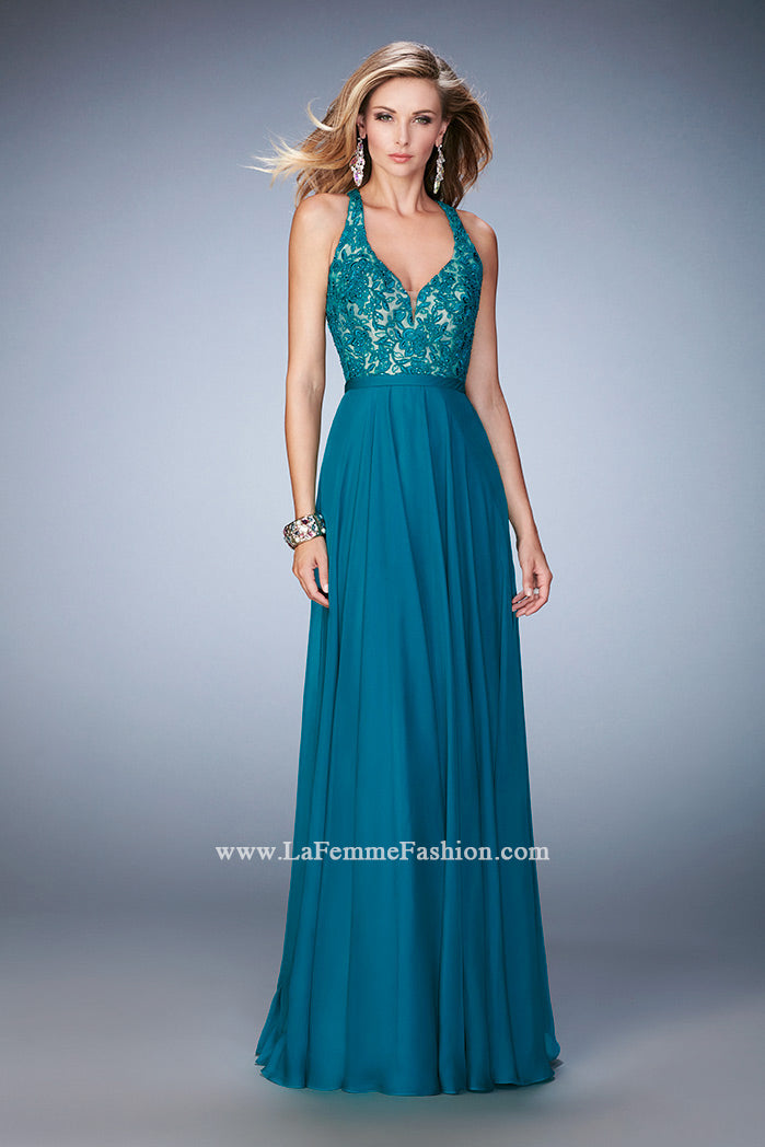 Picture of: Racer Back Chiffon Prom Dress with Rhinestone Lace Detail in Green, Style: 22186, Detail Picture 2