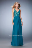 Picture of: Racer Back Chiffon Prom Dress with Rhinestone Lace Detail in Green, Style: 22186, Detail Picture 2