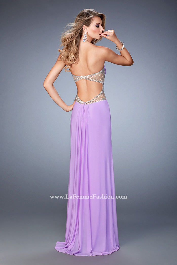 Picture of: Long Prom Dress with Ruching, Slit, and a Slight Train in Purple, Style: 22190, Back Picture