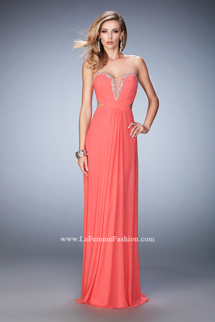 Picture of: Glam Prom Dress with Cut Outs and Crystal Gem Design in Orange, Style: 22196, Detail Picture 1