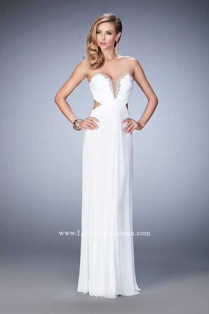 Picture of: Glam Prom Dress with Cut Outs and Crystal Gem Design in White, Style: 22196, Detail Picture 3