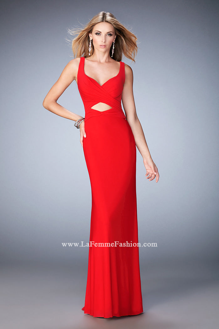 Picture of: Net Prom Gown with Cut Outs, Gathering, and a Train in Red, Style: 22200, Main Picture