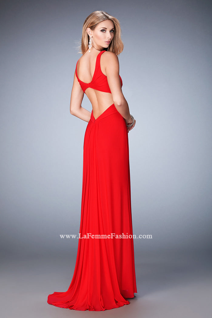 Picture of: Net Prom Gown with Cut Outs, Gathering, and a Train in Red, Style: 22200, Back Picture