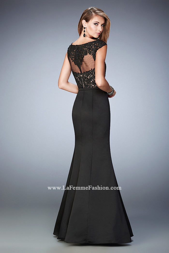Picture of: Mermaid Satin Prom Gown with Illusion Neckline in Black, Style: 22231, Back Picture