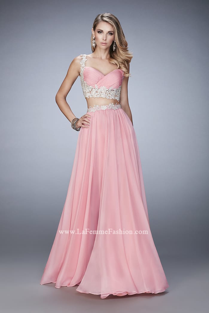 Picture of: Two Piece Chiffon Gown with Rhinestone Lace Detail in Pink, Style: 22234, Main Picture