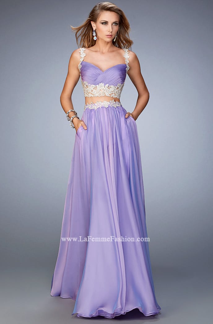 Picture of: Two Piece Chiffon Gown with Rhinestone Lace Detail in Purple, Style: 22234, Detail Picture 1