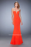 Picture of: Long Jersey Mermaid Gown with Sheer Straps and Stones in Orange, Style: 22237, Detail Picture 1