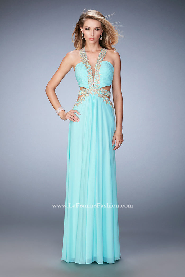 Picture of: Racer Back Long Prom Dress with Gold Embroidery in Blue, Style: 22252, Detail Picture 1