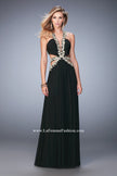 Picture of: Racer Back Long Prom Dress with Gold Embroidery in Black, Style: 22252, Detail Picture 2