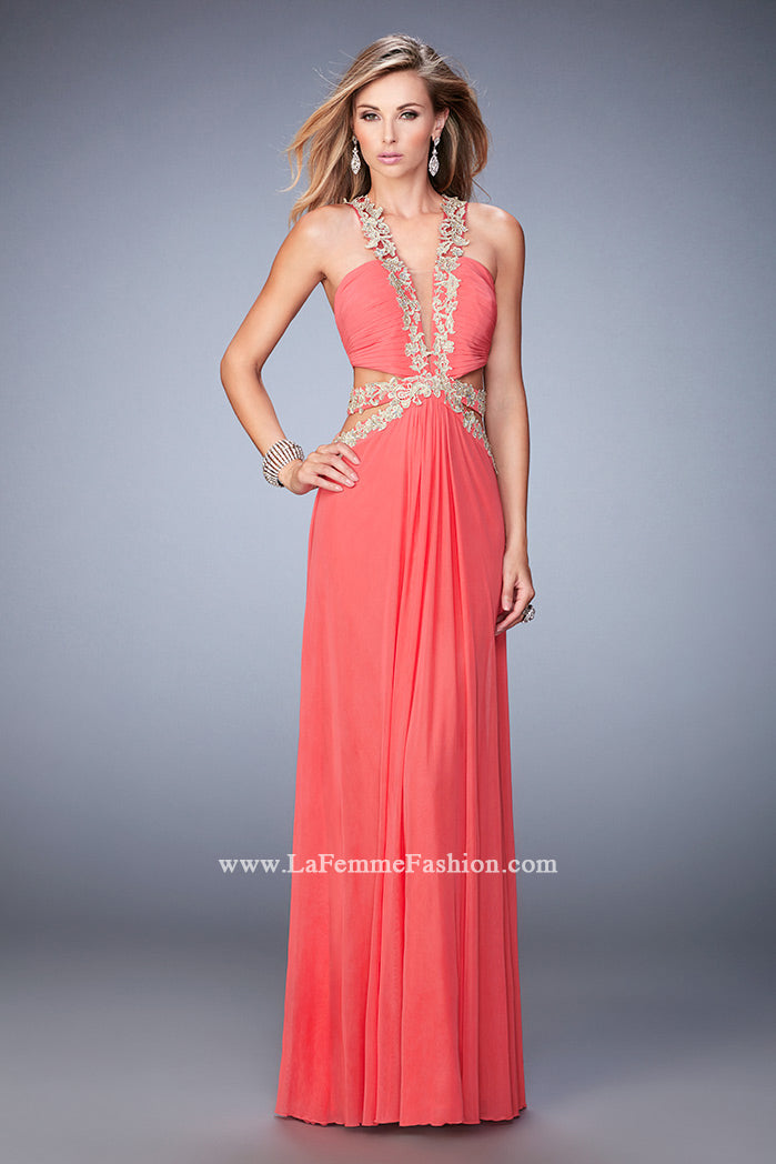 Picture of: Racer Back Long Prom Dress with Gold Embroidery in Orange, Style: 22252, Detail Picture 3