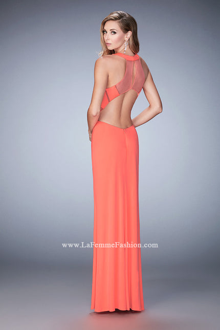 Picture of: Geo Cut Jersey Prom Dress with Sheer Racer Back in Orange, Style: 22259, Back Picture