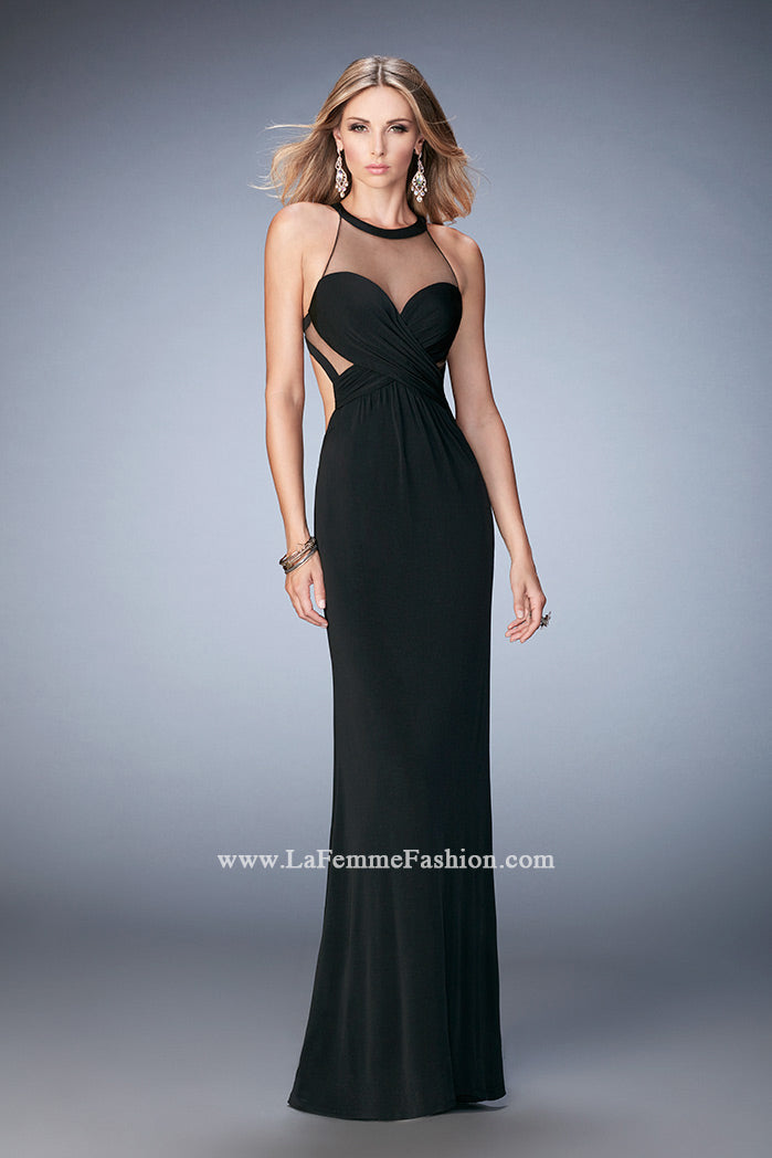 Picture of: Long Racer Back Prom Dress with Illusion Neckline in Black, Style: 22265, Detail Picture 1