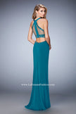 Picture of: Faux Two Piece Gown with Sheer Paneled Back and Beads in Blue, Style: 22272, Back Picture